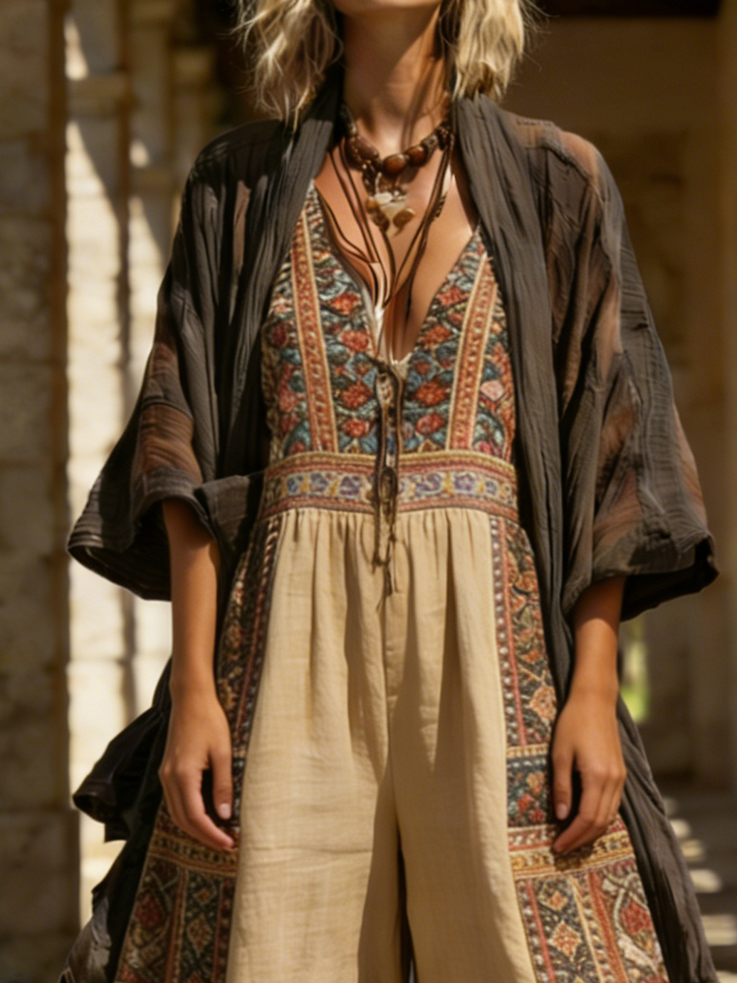 Bohemian Retro Linen Cotton Jumpsuit Cardigan Two-piece Set