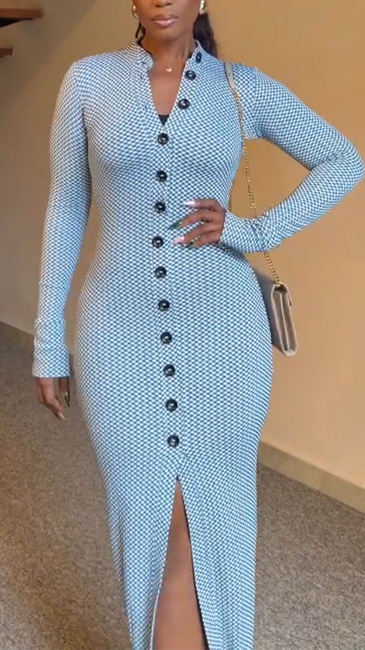 Women Round Neck Breasted Plaid Slim Fit Slit Elegant Temperament Dress