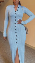 Women Round Neck Breasted Plaid Slim Fit Slit Elegant Temperament Dress