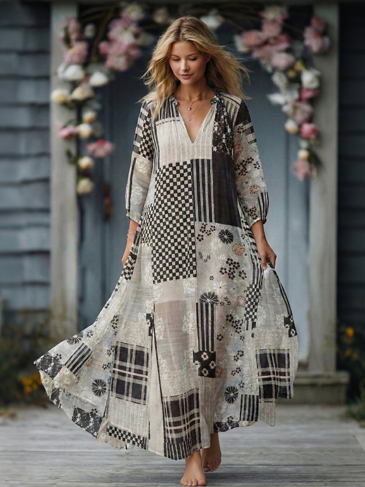 Women's Traditional Japanese Floral Geometric Art V-neck Dress