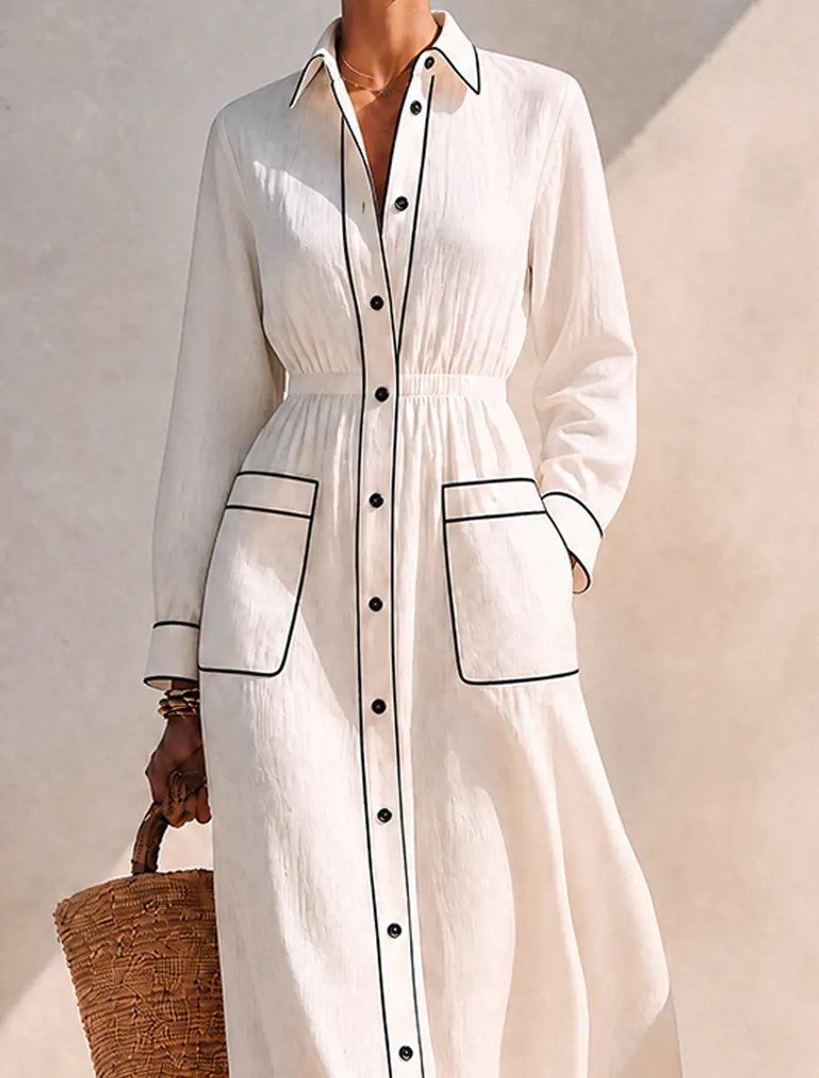 Women's Minimalist Pure White Linen Shirt Dress With Contrast Piping MDZ0776G9ZRK