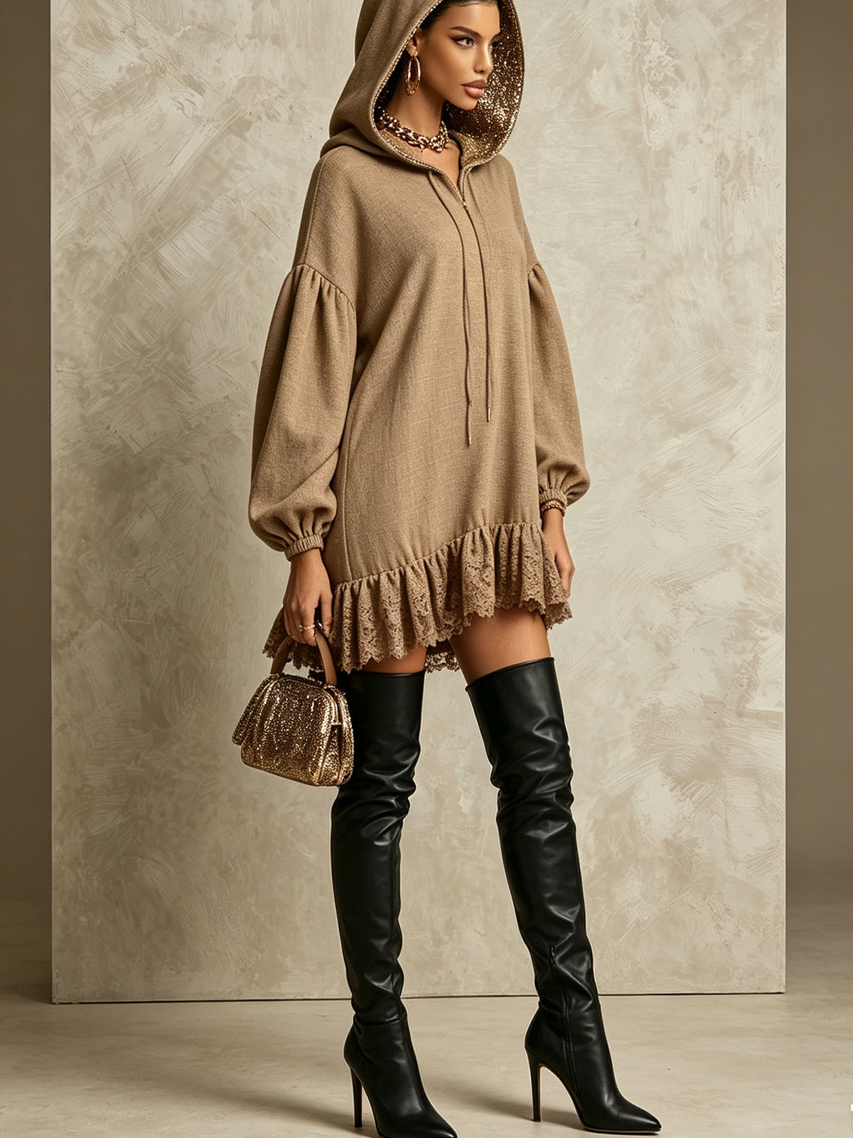 Khaki Hooded Lace Hem Oversized Mini Dress