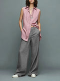 Women's Minimalist Linen-Blend Sleeveless Shirt And Straight-Leg Trousers Set With Fringed Hem MDZ3077F2WY