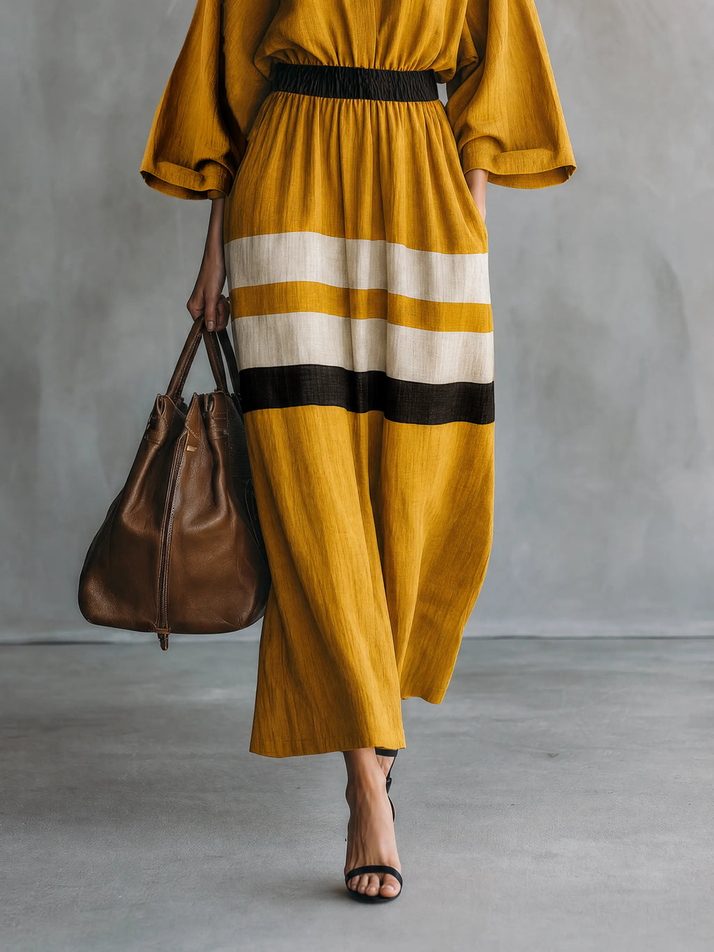 Women's Minimalist Color-Block Maxi Dress With Elastic Waist And Three-Quarter Sleeves MDZ2053G2WY