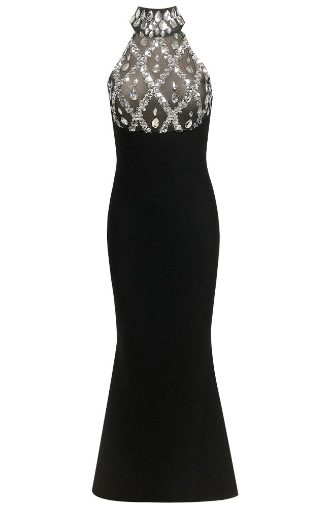 Halter Crystal Mermaid Maxi Dress Black