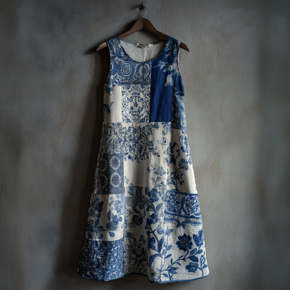 Vintage Floral Art Patchwork Pattern Linen Tank Dress