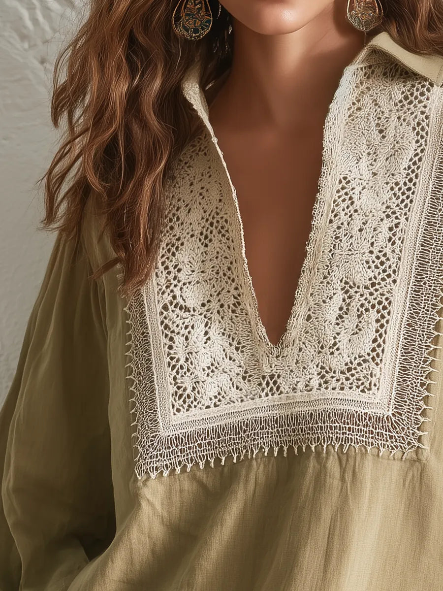 Elegant Khaki Lace Panel Blouse