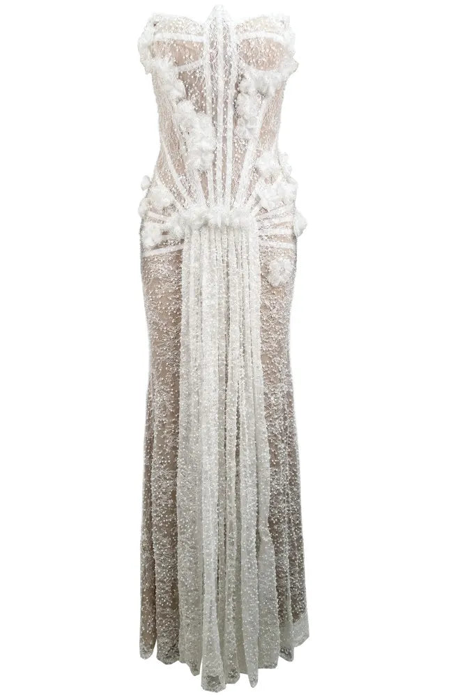 Strapless Pearl Sequin Lace Corset Maxi Dress White