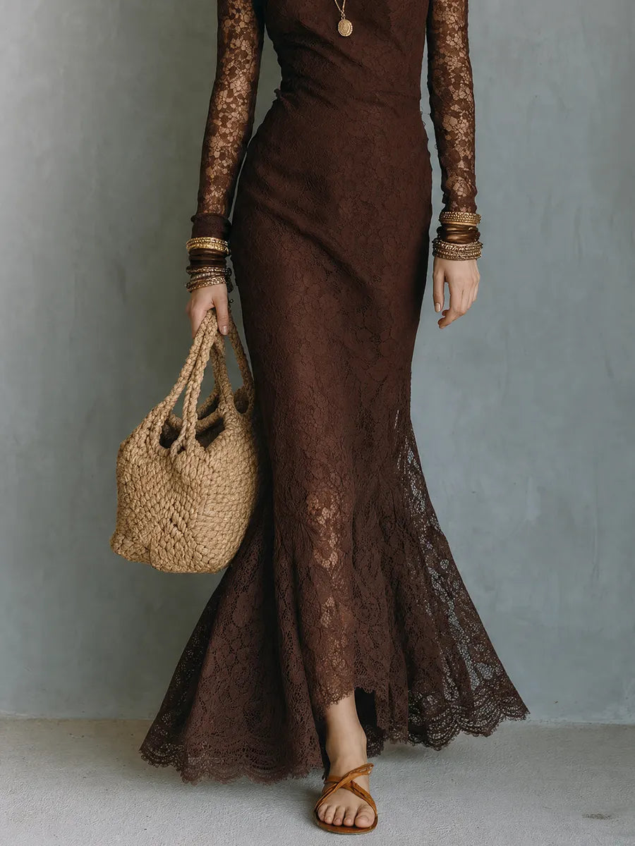 Resort Evening Sheer Sleeve Lace Bodycon Maxi Dress