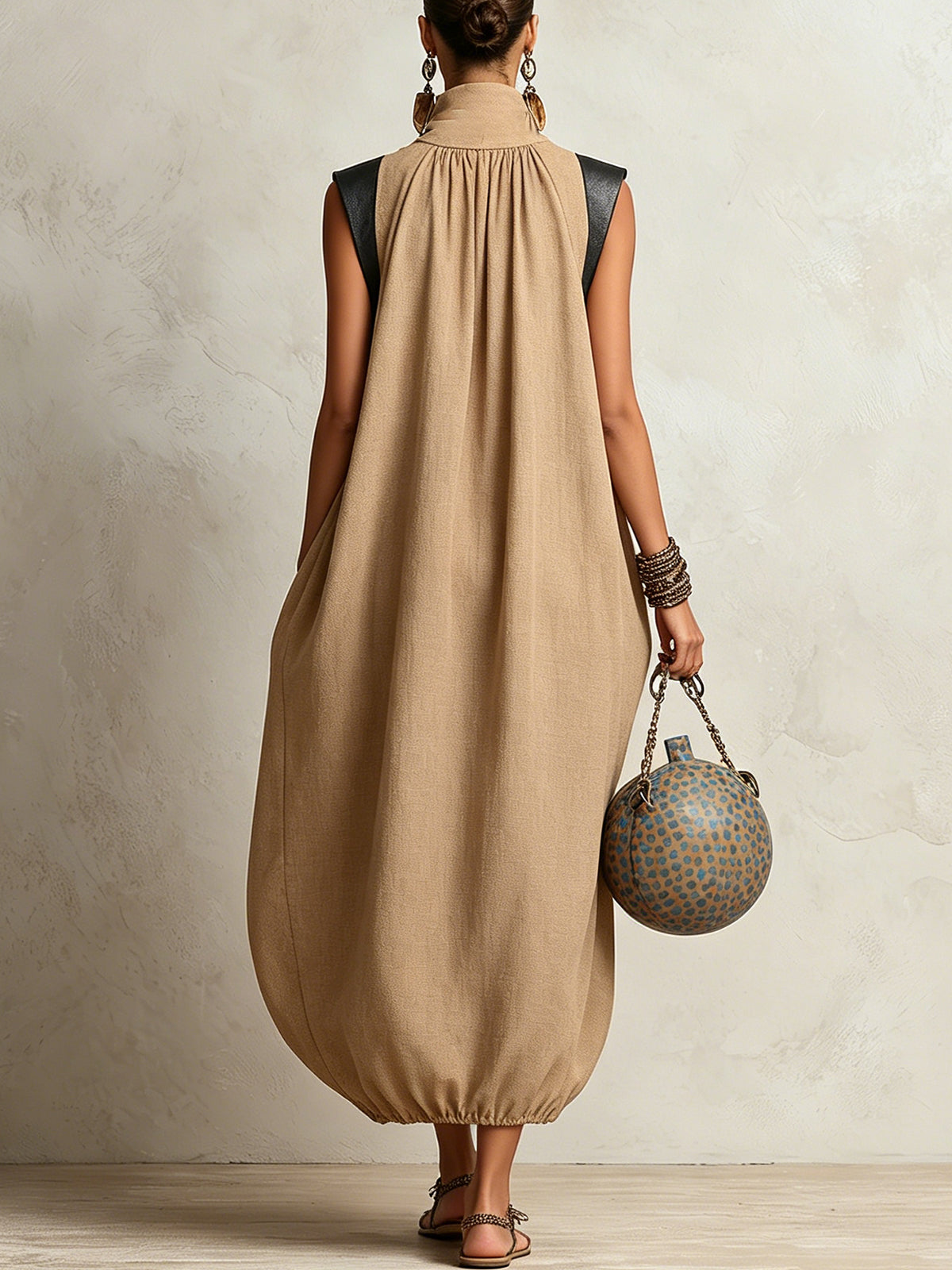 Camel High Neck Sleeveless Maxi Dress With Gathered Hem And Contrast Shoulder Detail