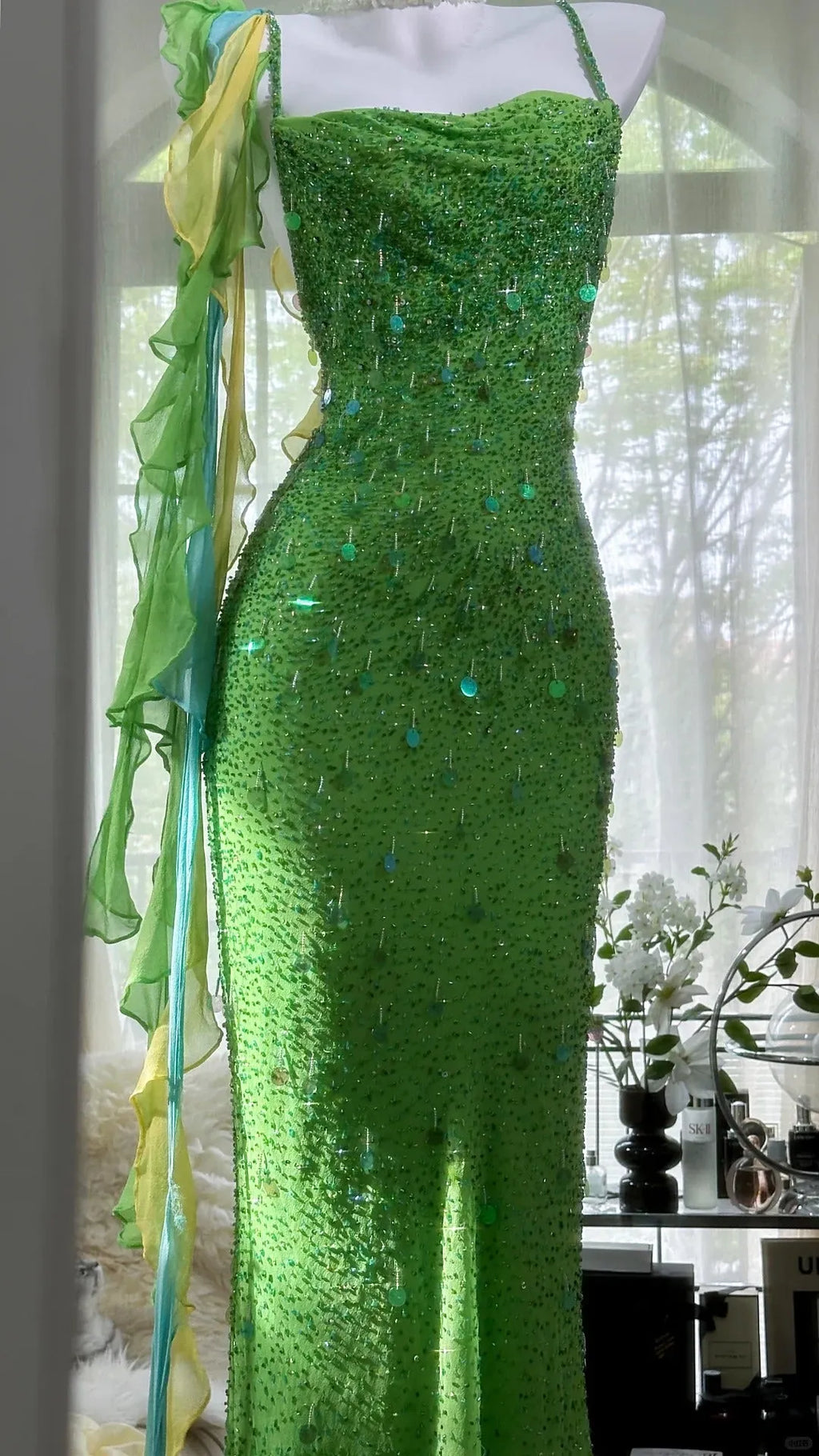 Green Beautiful Charming Fashion Elegant Sparkling Exquisite Sequin Beaded Long Chiffon Ball Gown Evening Gown Birthday Party Gown Prom Gown Graduation Gown 3946