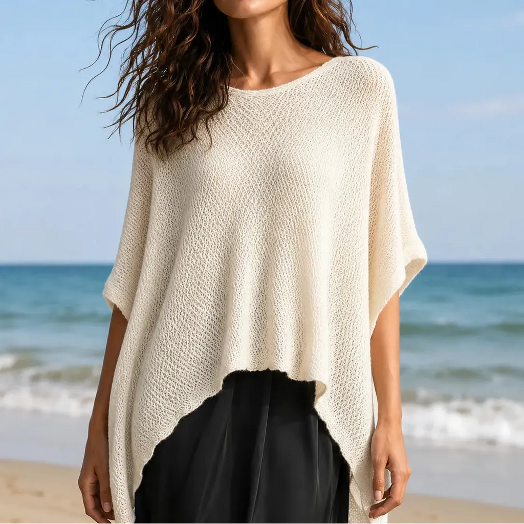 Solvera – Open Knit Batwing Top with Asymmetric Hem