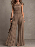 Mocha Brown Chiffon & Lace Flutter Sleeve Wide-Leg Jumpsuit