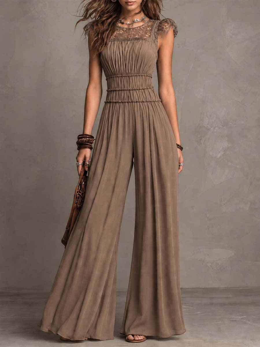 Mocha Brown Chiffon & Lace Flutter Sleeve Wide-Leg Jumpsuit