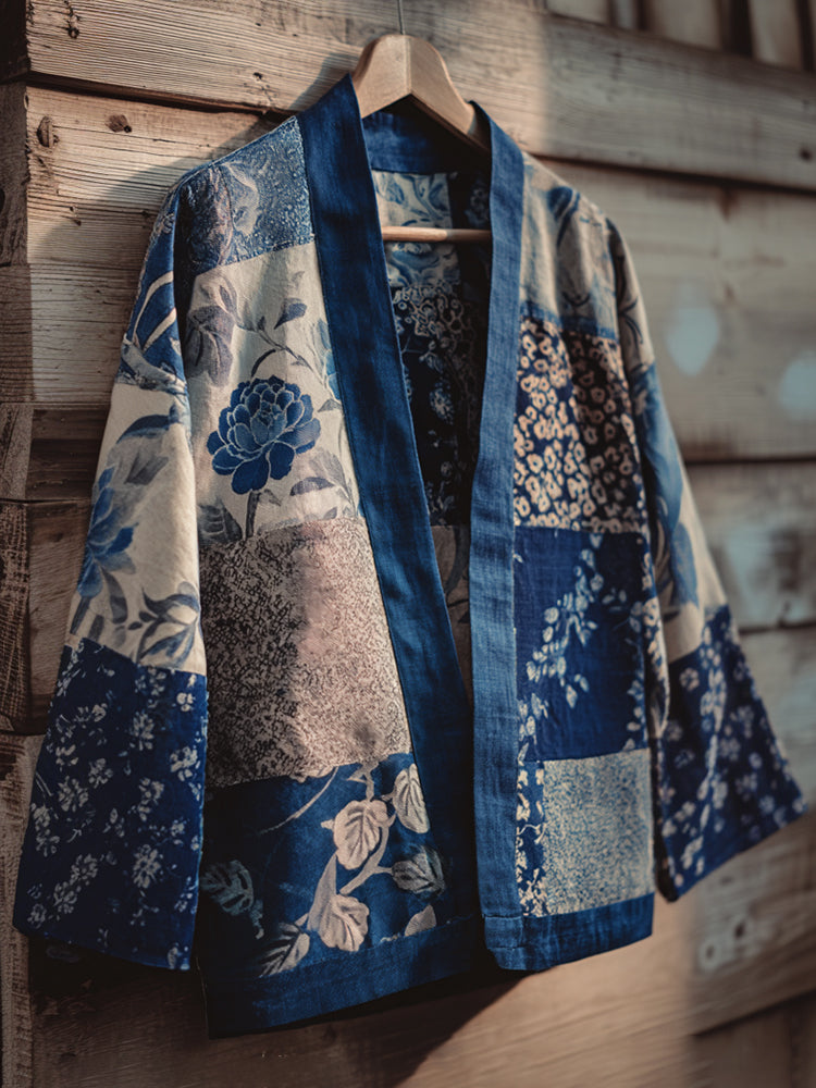 Vintage Japanese Traditional Sashiko Patchwork Art Print Cotton And Linen Blend Kimono Cardigan