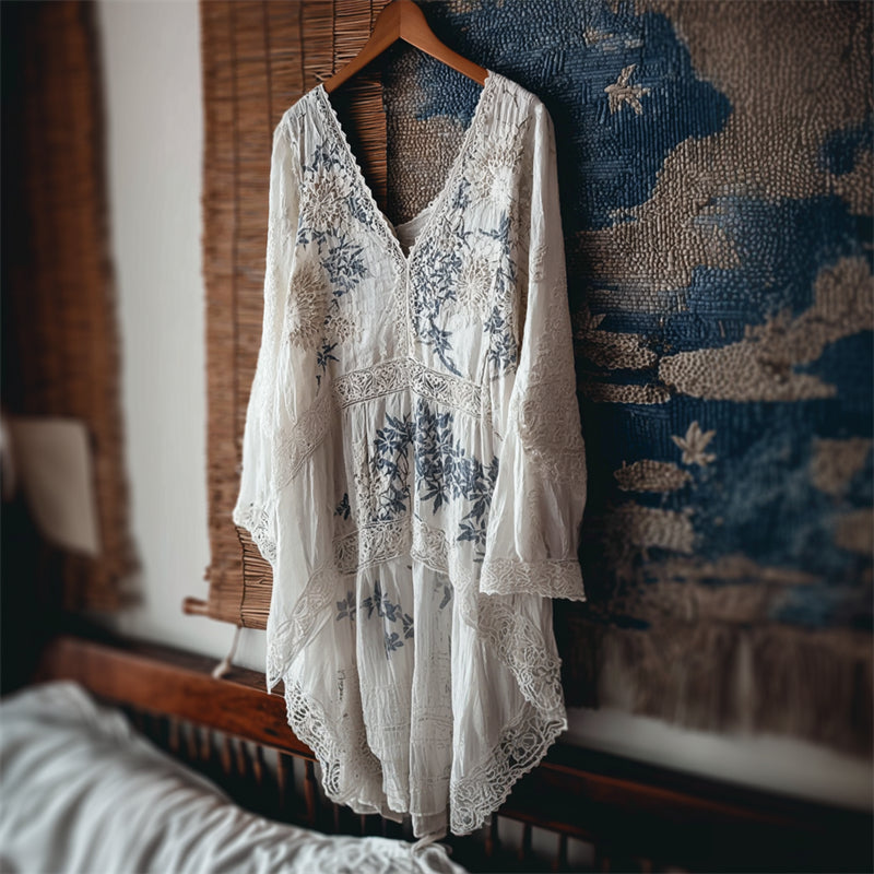 Japanese Floral Sashiko Embroidered Lace Flowy Linen Tunic