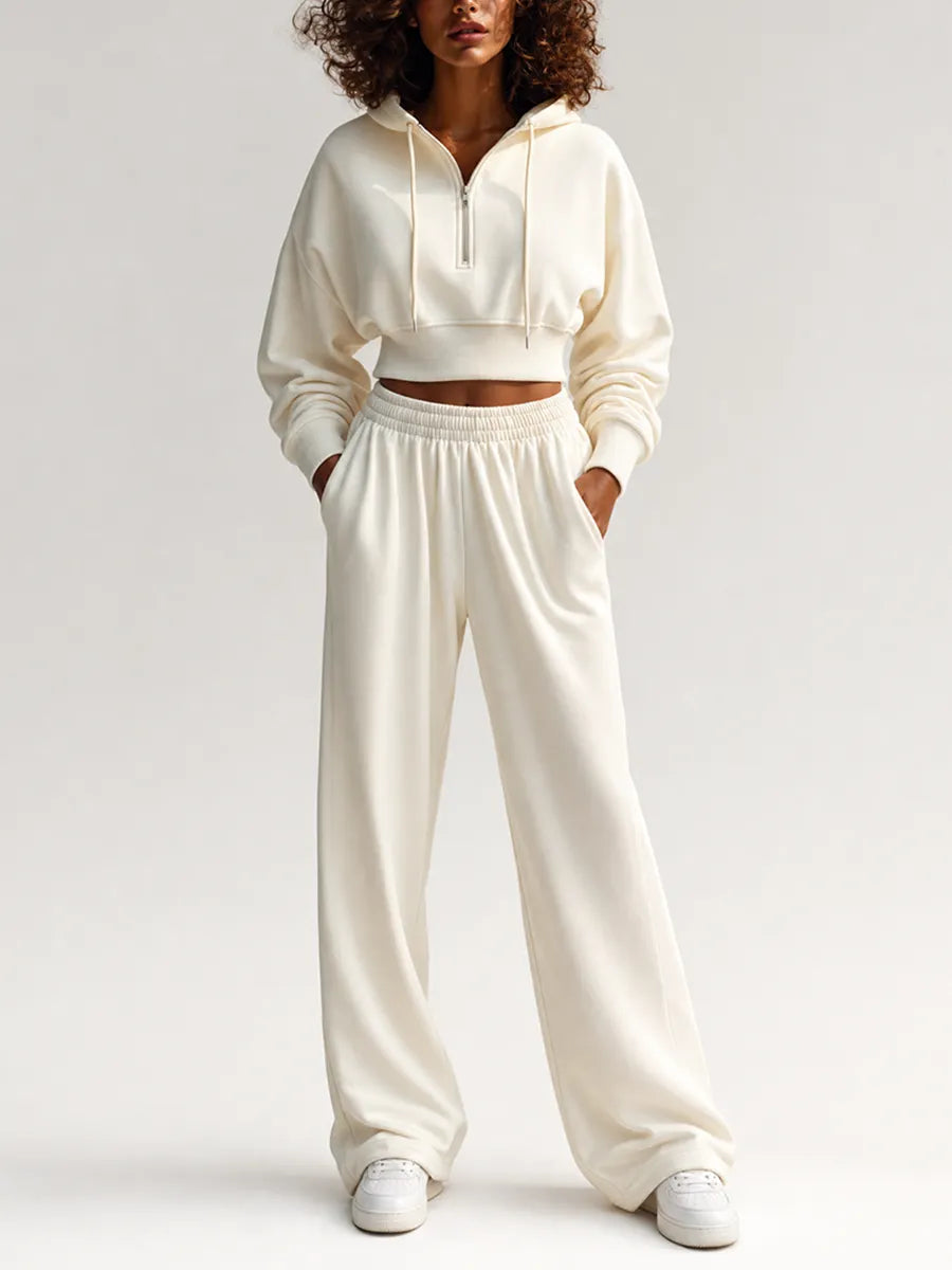 Women's Casual Sporty Off-white Half-Zip Hooded Long-Sleeve Cropped Sweatshirt & Elastic-Waist Wide-Leg Sweatpant Set MDZ2460G6CMX