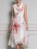 Elegant Pink Floral Cowl-Neck Sleeveless Midi Dress