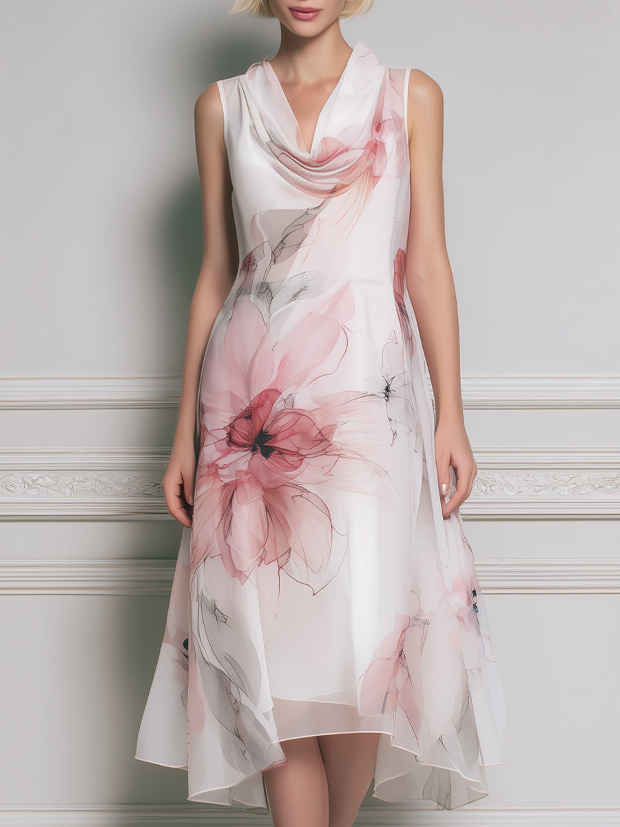 Elegant Pink Floral Cowl-Neck Sleeveless Midi Dress