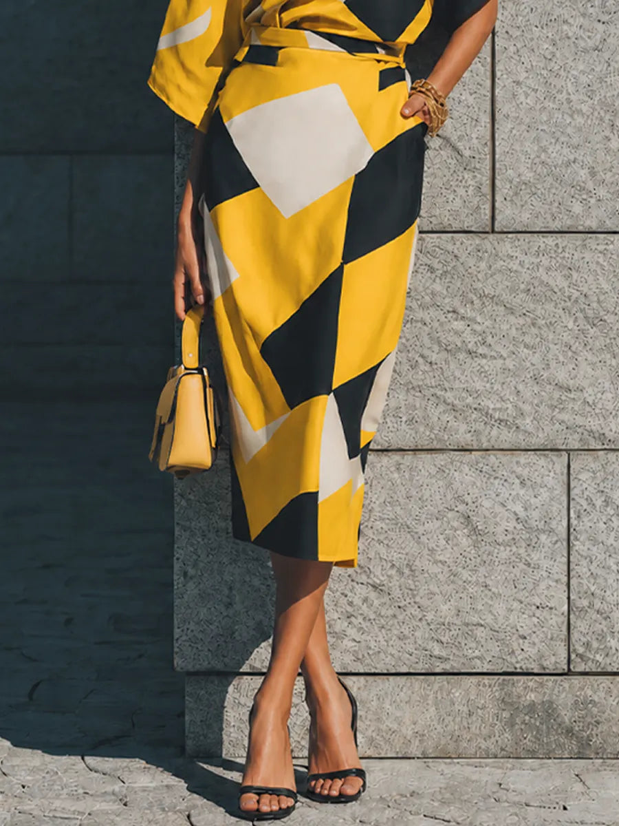 Women's Luxury Retro Yellow Black Geometric Print Cotton Blend Waist Tie Split Midi Skirt Two Piece Set MDZ0913G2GMJ