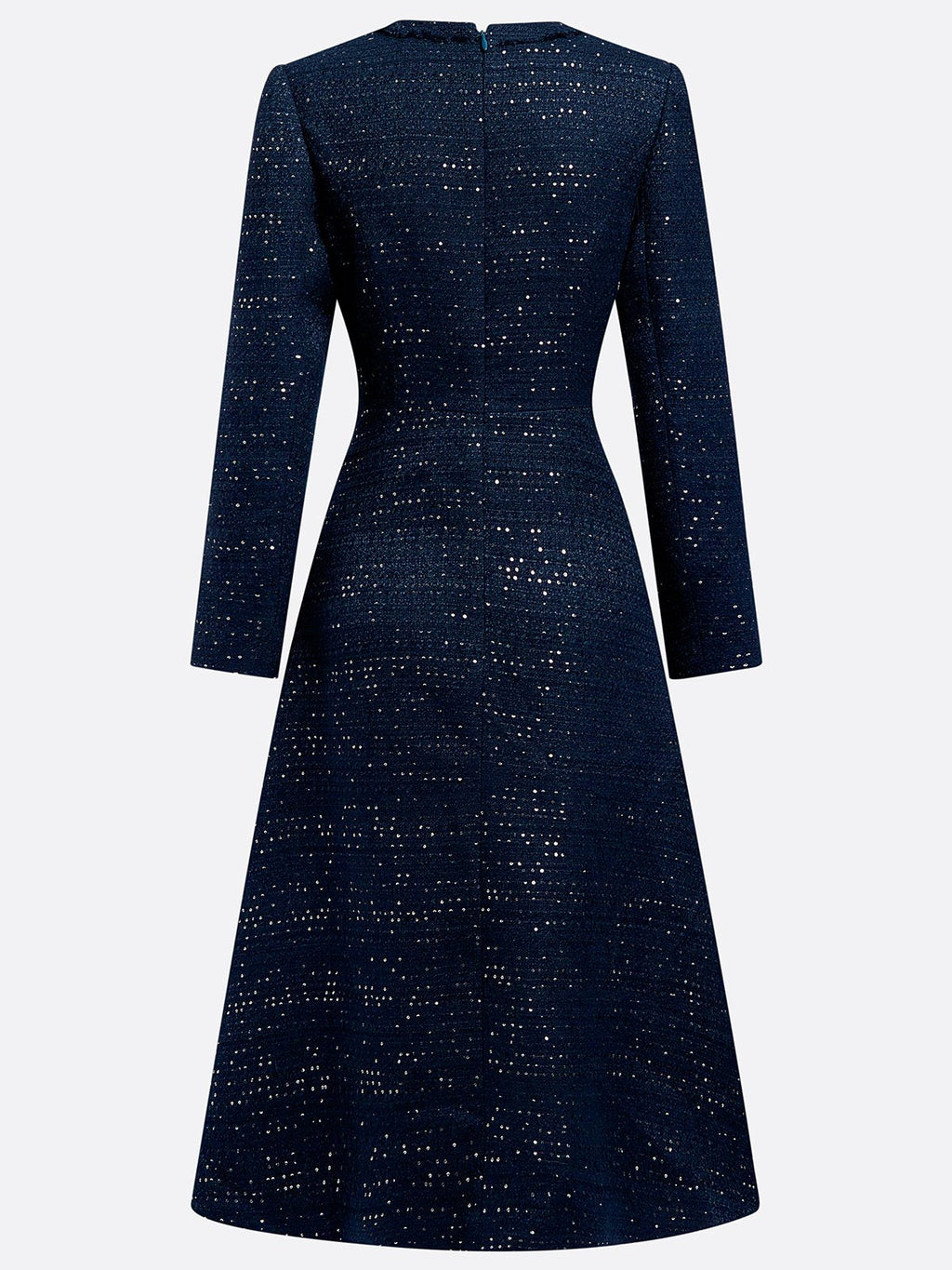Dark Blue Bow Buckle Tweed Crew Neck Long Sleeve A-Line Midi Dress