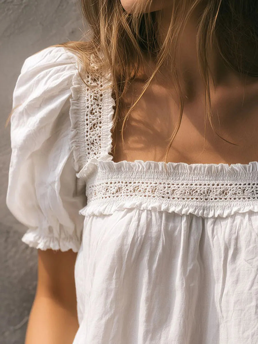 Boho White Square-Neck Puff Sleeve Crochet Lace Trim Blouse