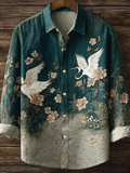 Japanese Art Retro Style Plant Flower And Crane Pattern Men's Cotton And Linen Shirt
