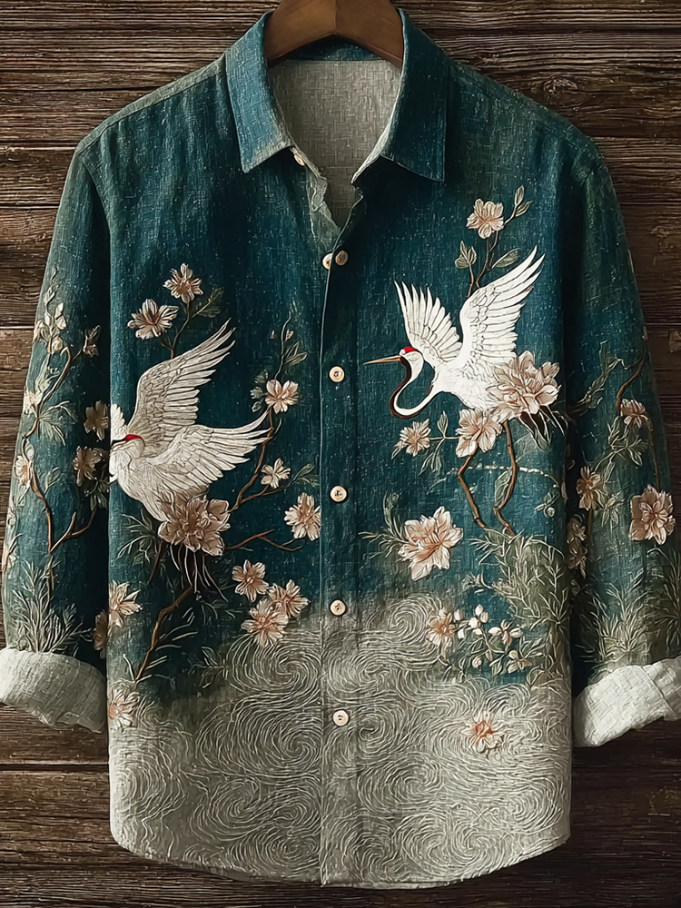 Japanese Art Retro Style Plant Flower And Crane Pattern Men's Cotton And Linen Shirt