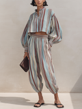 Women's Multicolor Vertical-Stripe Linen Blend Half-Zip Crop Top & Jogger Pants Set MDZ1694G9ZRK