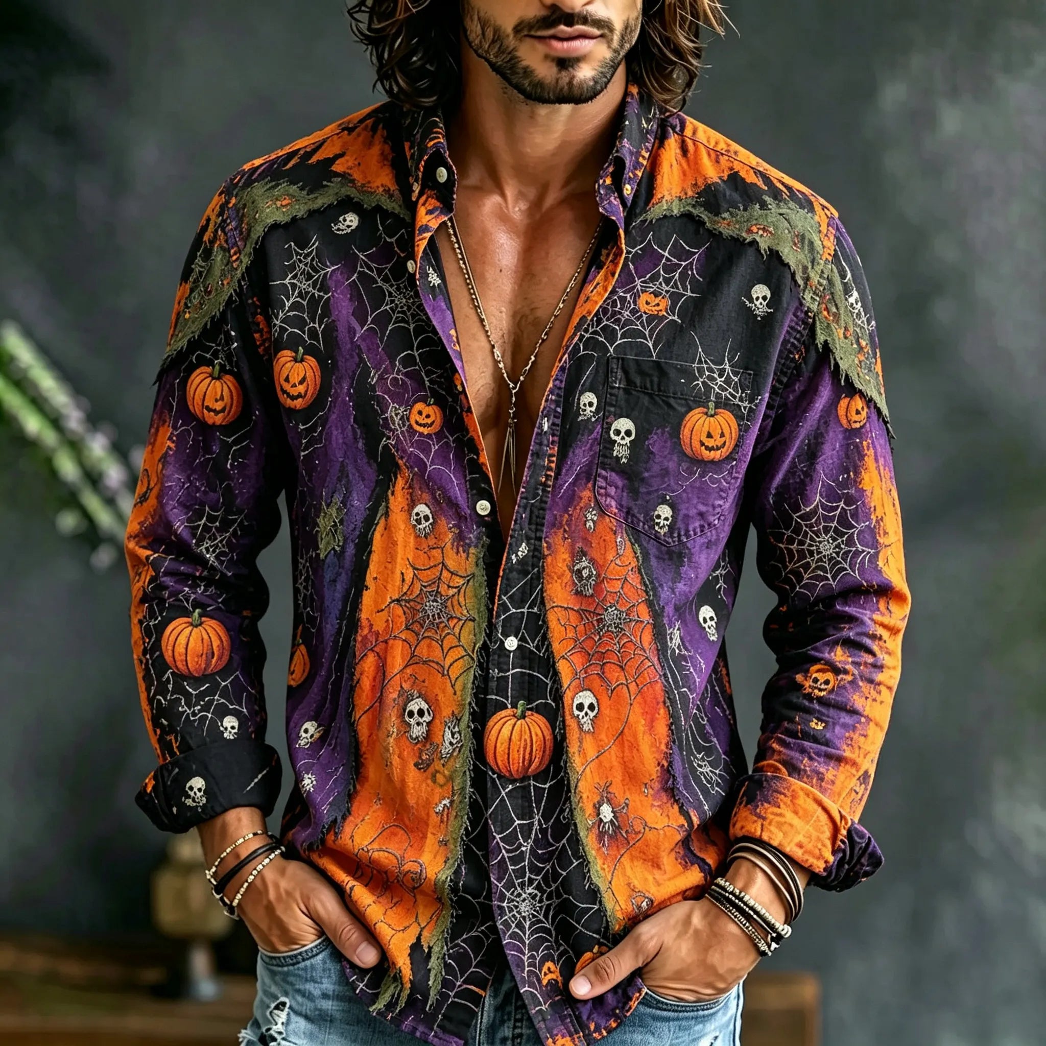Men's Retro Halloween Color-blocked Spider Pumpkin Skull Print Long-sleeve Cotton Linen Shirt