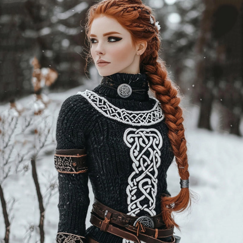 Women's Viking Geometric Lines Knitted Cozy High Neck Sweater