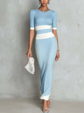 Light Blue Ribbed Knit Maxi Dress With White Color Block Detail