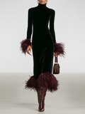 Women's Minimalist Velvet Patchwork Faux Ostrich Feather Cuffs And Hem Maxi Dress MDA1174J9Y