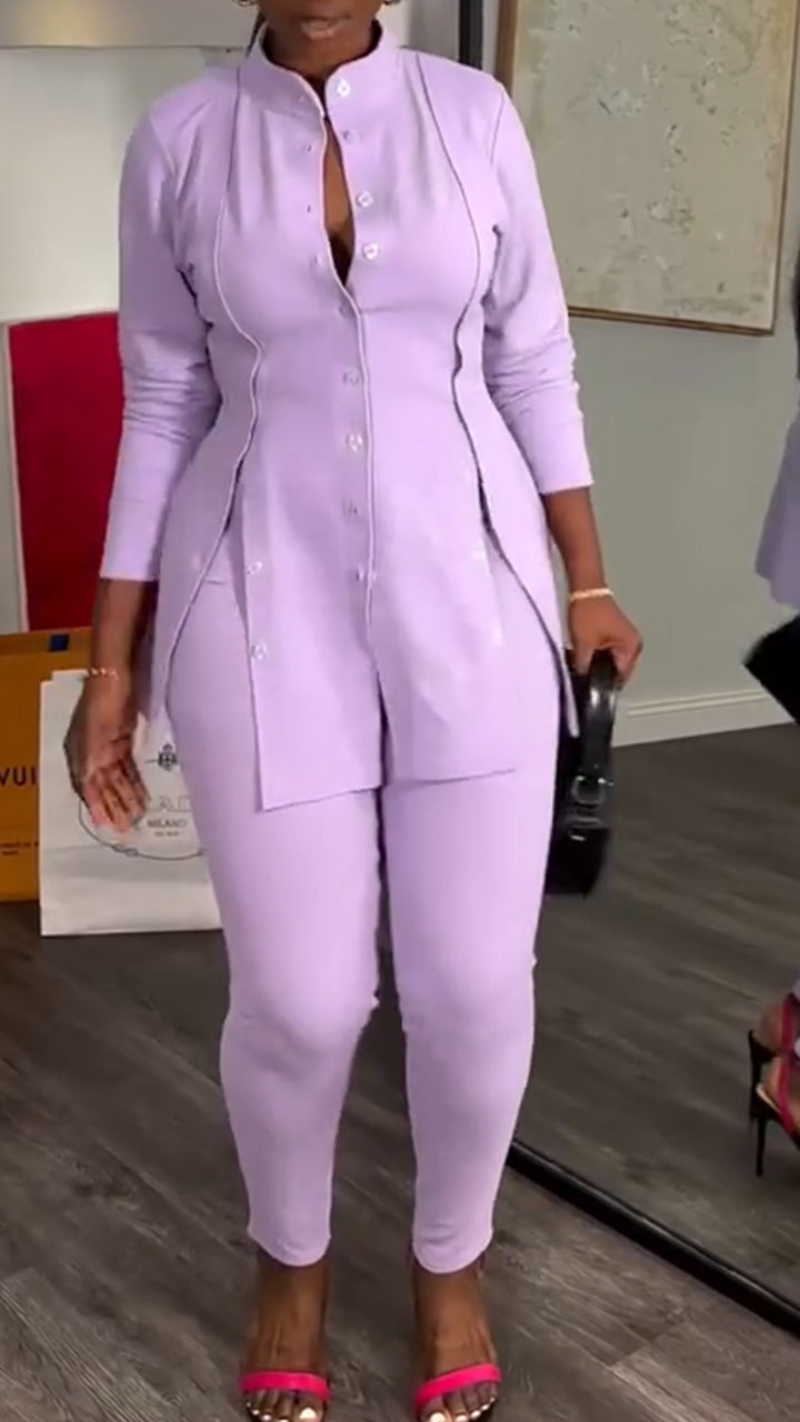 Women Round Neck Button-down Top and Pants Casual Suit