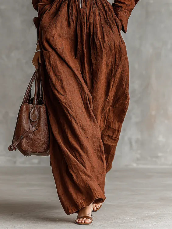Women's Cotton And Linen Zipper Lapel Elastic Waist Maxi Dress MDA1964H8Y