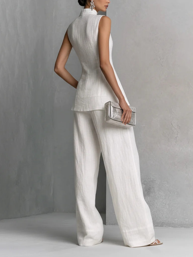 White Minimalist Sleeveless Top And Wide-leg Pants Suit