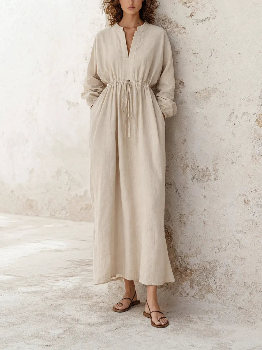 Women's Elegant Casual Off-White Cotton-Linen Drawstring Waist Stand-Collar Long-Sleeve Maxi Dress MDZ0979G6CMX