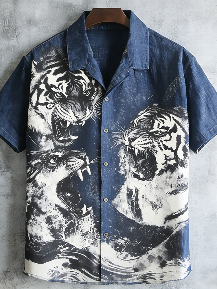 Japanese Art Vintage Tiger Pattern Men's Short Sleeve Shirt