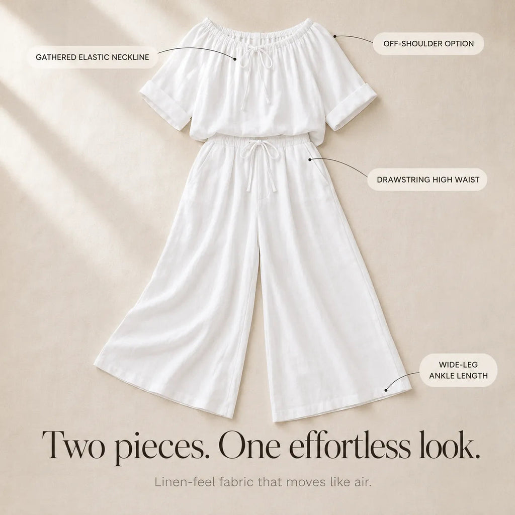 Soléne – Off-Shoulder Drawstring Top & Wide-Leg Pants 2-Piece Set