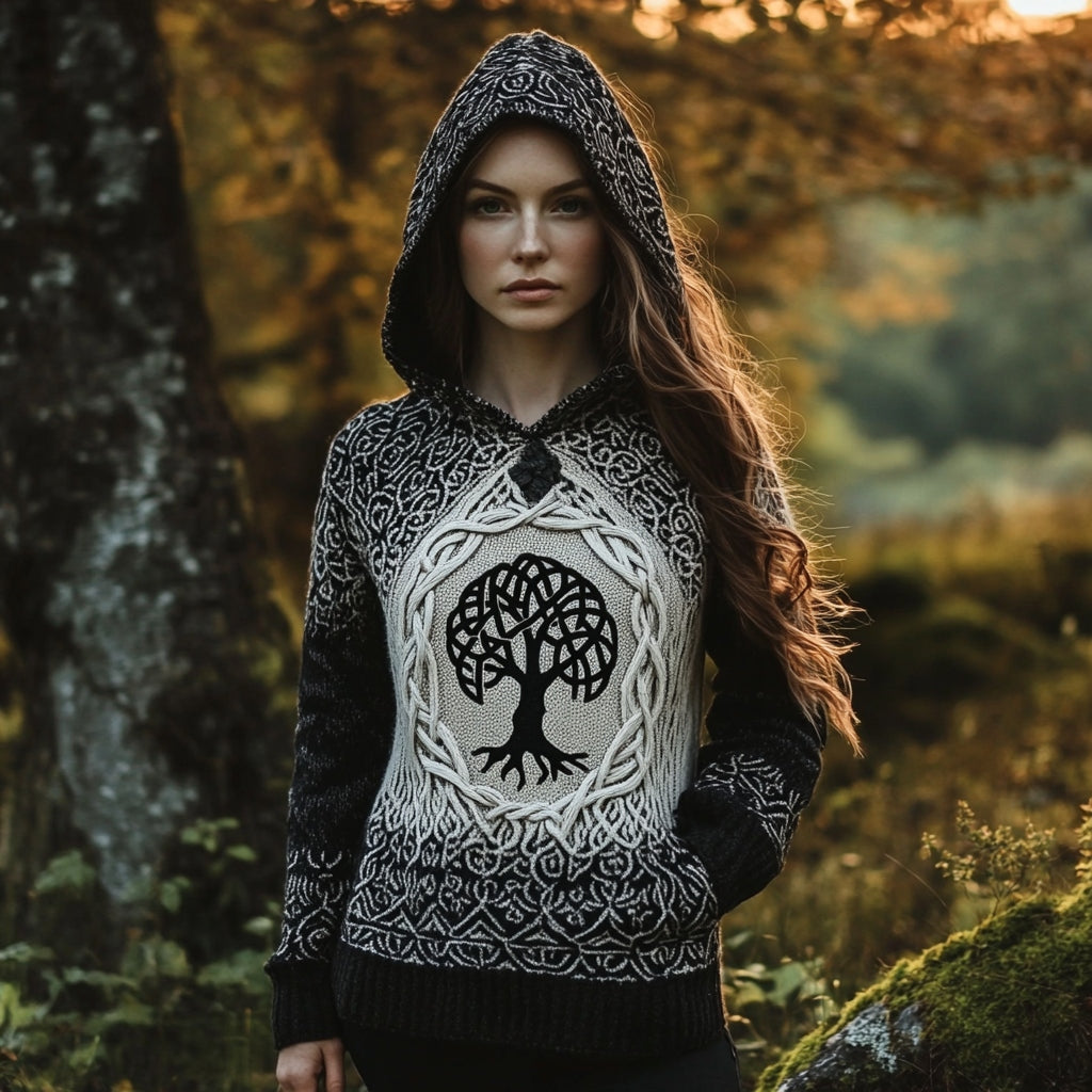 Women's Viking Celtic Tree Of Life Totem Jacquard Hooded Sweater