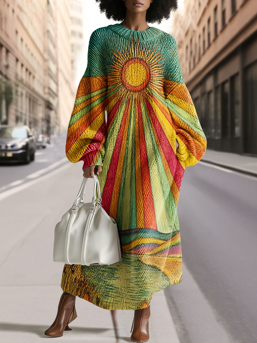Women's Vintage Abstract Art Print Silhouette Round Neck Heathered Knitted Maxi Dress