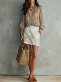 Romantic Vintage Metallic Gold Ruffled Top White Floral Embroidered Mini Skirt