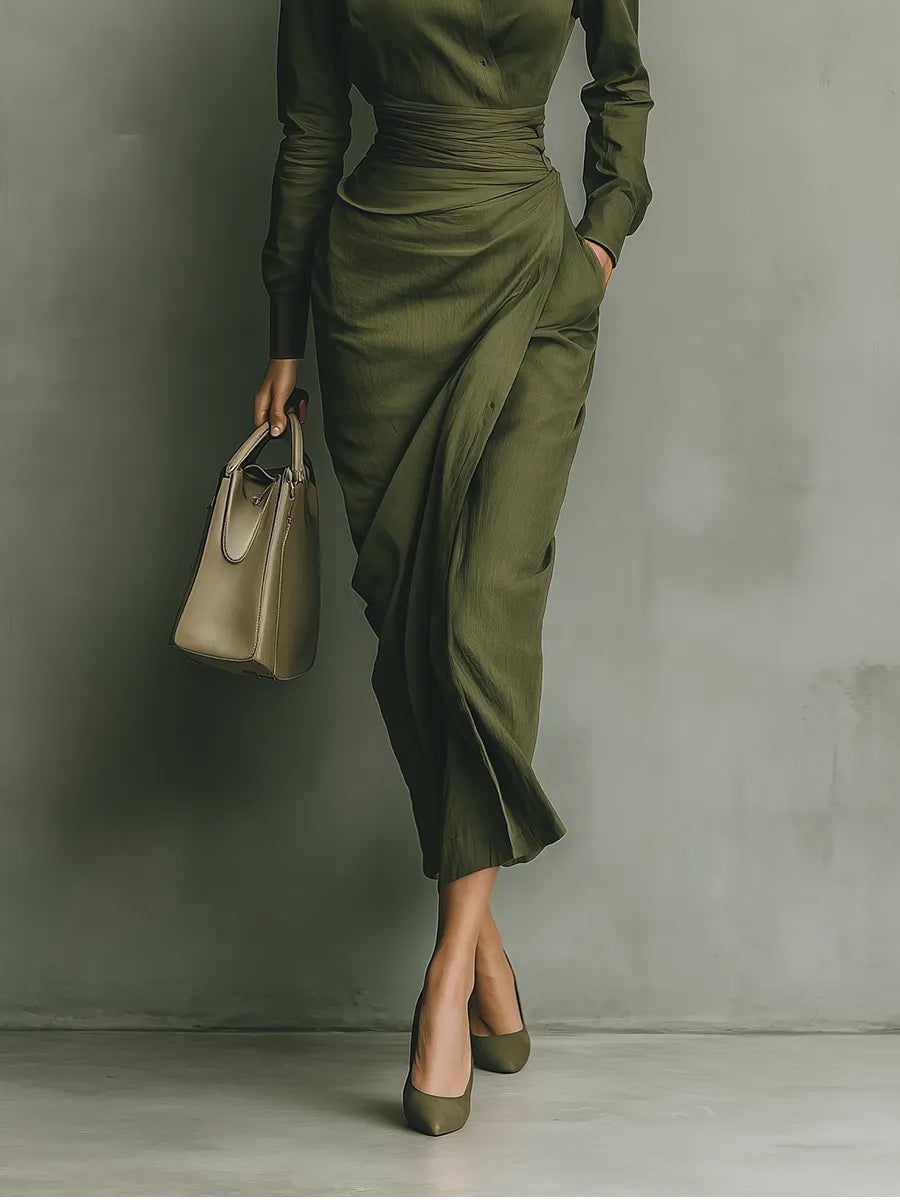 Women's Army Green Cotton Blended Maxi Dress MDA2281I8T