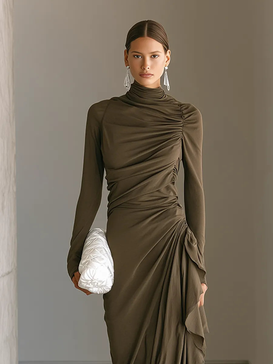 Women's Dark Taupe Soft Jersey Maxi Dress With Turtleneck Long Sleeves & Asymmetric Side Ruched Ruffle, Elegant Bodycon Evening Maxi Dress MDZ1394G9LYL