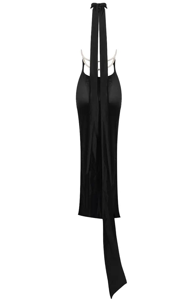 Halter Pearl Backless Maxi Dress Black