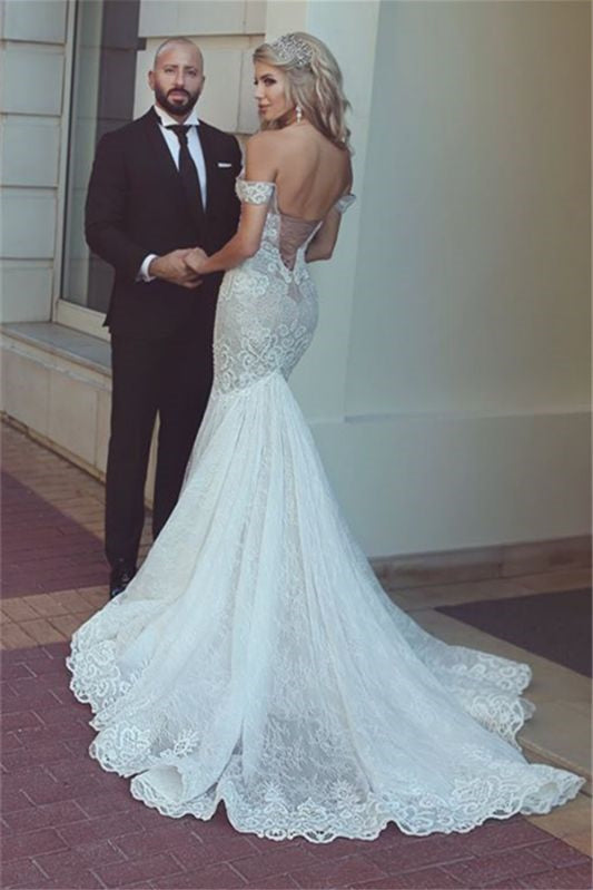 Daisda Sweetheart Mermaid Off-the-Shoulder Lace Wedding Dress With Lace-up Back