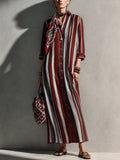 Women's Retro Casual Burgundy Cotton Blend Collared Three-Quarter Sleeve Color-Blocked Vertical Striped Long Shirt Dress MDZ0644G8GMJ