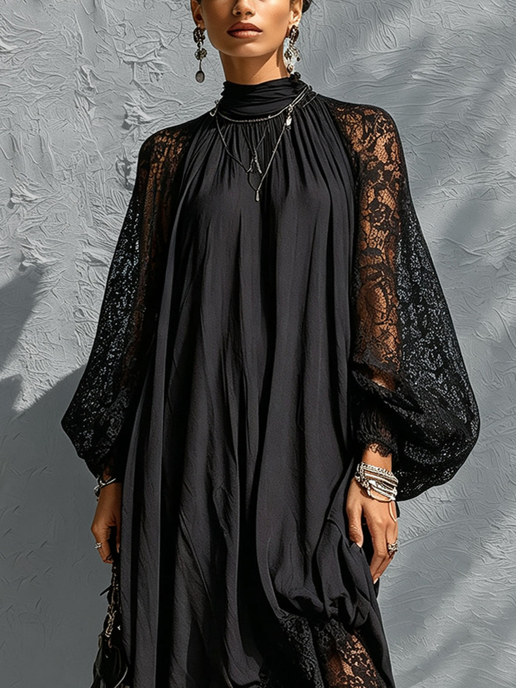 Black High Neck Lace Trim Maxi Dress