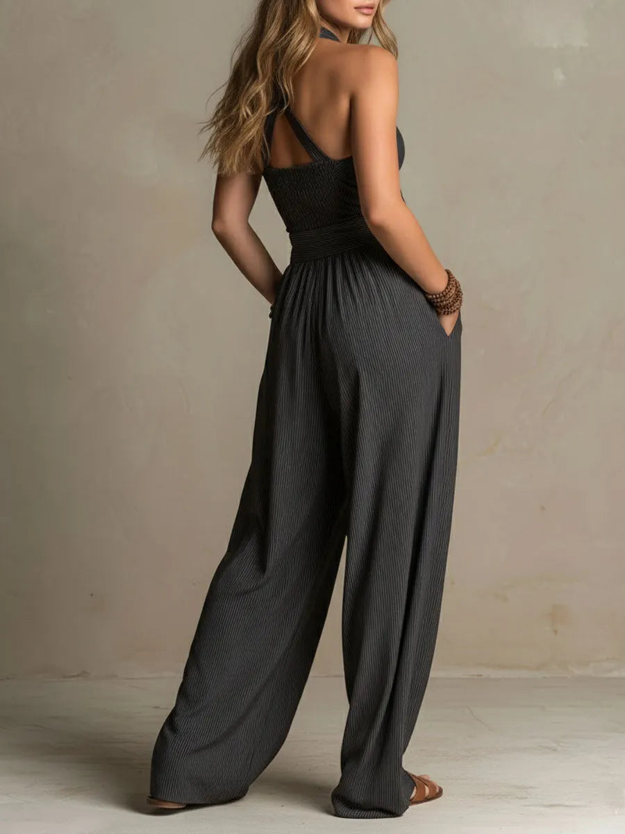 Boho Charcoal Crisscross Halter Pinstripe Wide-Leg Jumpsuit