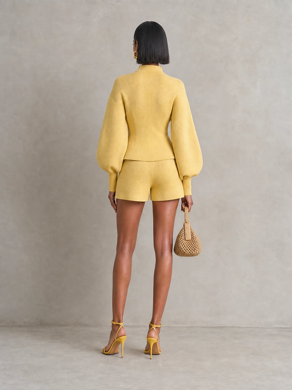 Women's Elegant Butter Yellow Knit Zip-Front Balloon Sleeve Jacket And High-Waist Shorts Two-Piece Set MDZ1630G6ZSQ